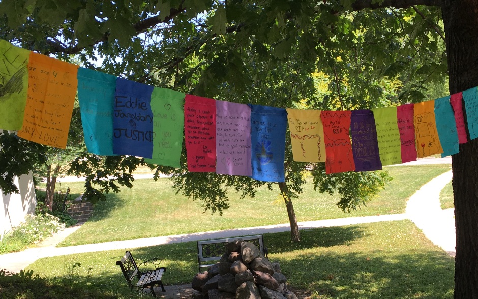 Prayer flags were hung on Second Unitarian Church grounds to honor the Orlando nightclub shooting victims.