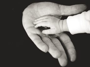 Small child's hand touching an adult's hand.