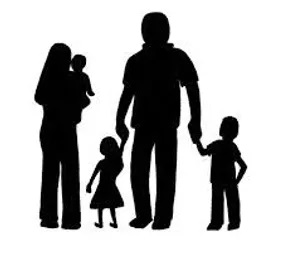 Silhouette of a refugee family of parents and three children.