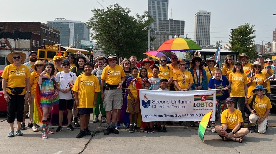 Large group of 2U members taken just before the parade started. Many wearing their Side With Love t-shirts.