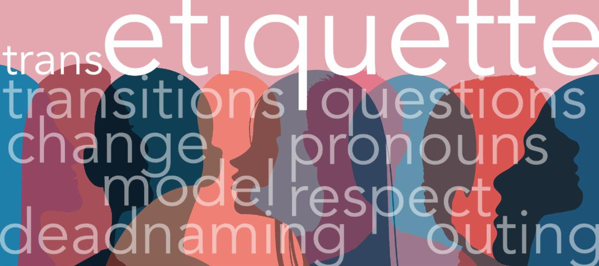 Graphic that includes the words: trans etiquette, transitions, questions, change, pronouns, model, respect, deadnaming, outing.