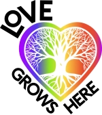 Multi-colored heart with a tree and its roots displayed in heart's center. The words 'Love Grows Here' surround the heart.