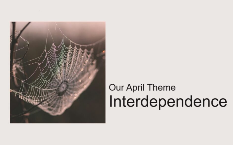 A large spider web coated with dew. Caption is "Our April Theme - Interdependence"