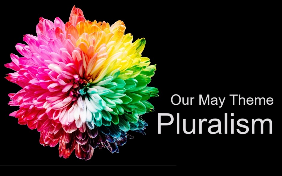 Carnation colored pink, yellow, green, blue, red, purple, and orange. Verbiage: Our May Theme - Pluralism.