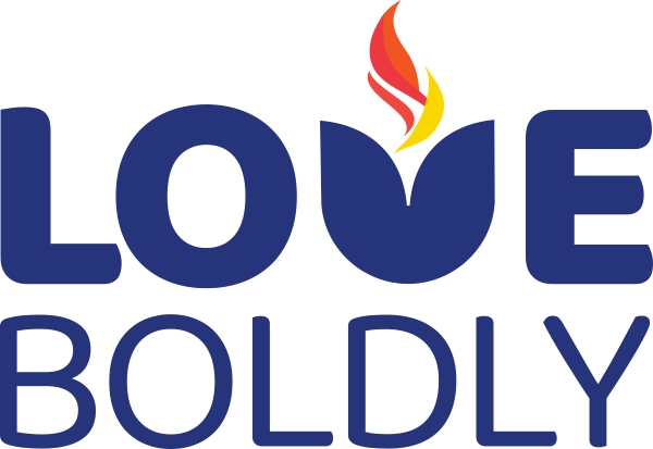 Verbiage: LOVE BOLDLY. Text is blue. The V in the word Love is a blue chalice with an orange and yellow flame.